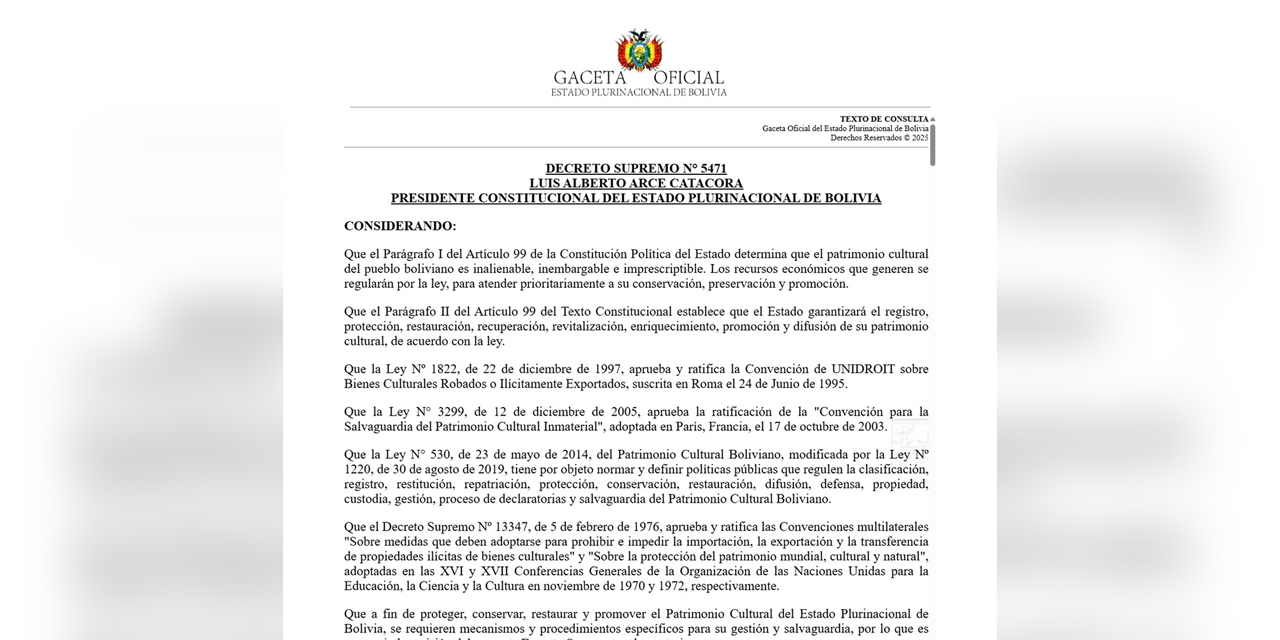Gobierno promulga decreto que refuerza la protección del patrimonio cultural boliviano