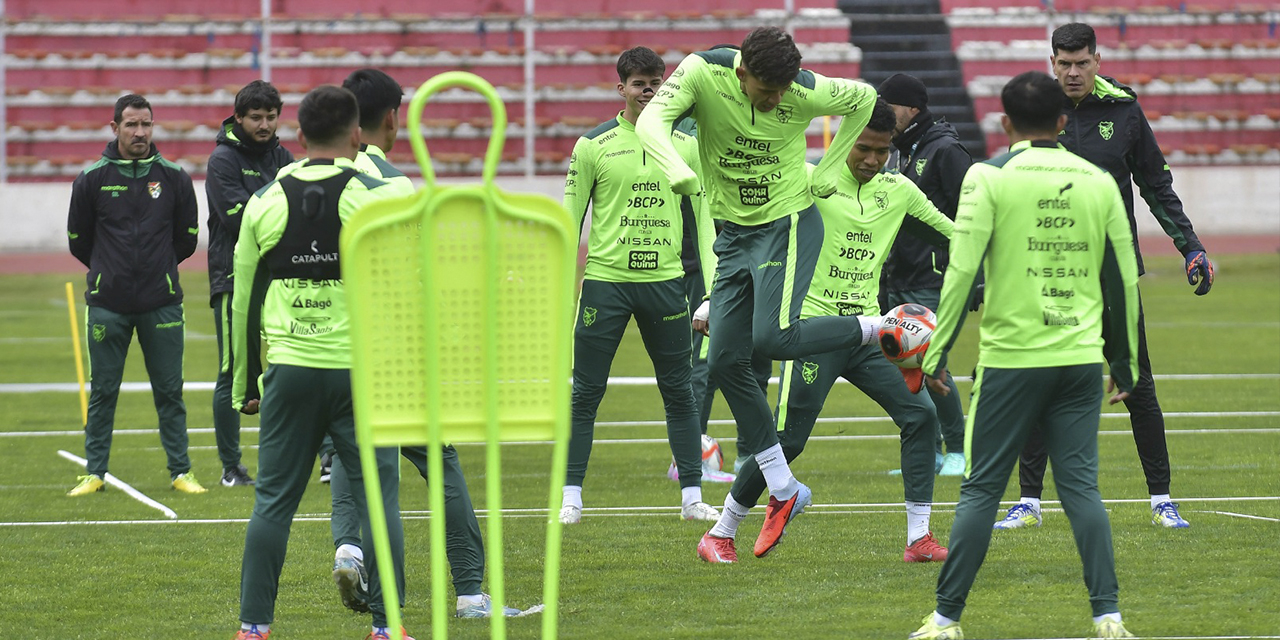 Jugadores del seleccionado nacional en la práctica de ayer en el estadio Hernando Siles.