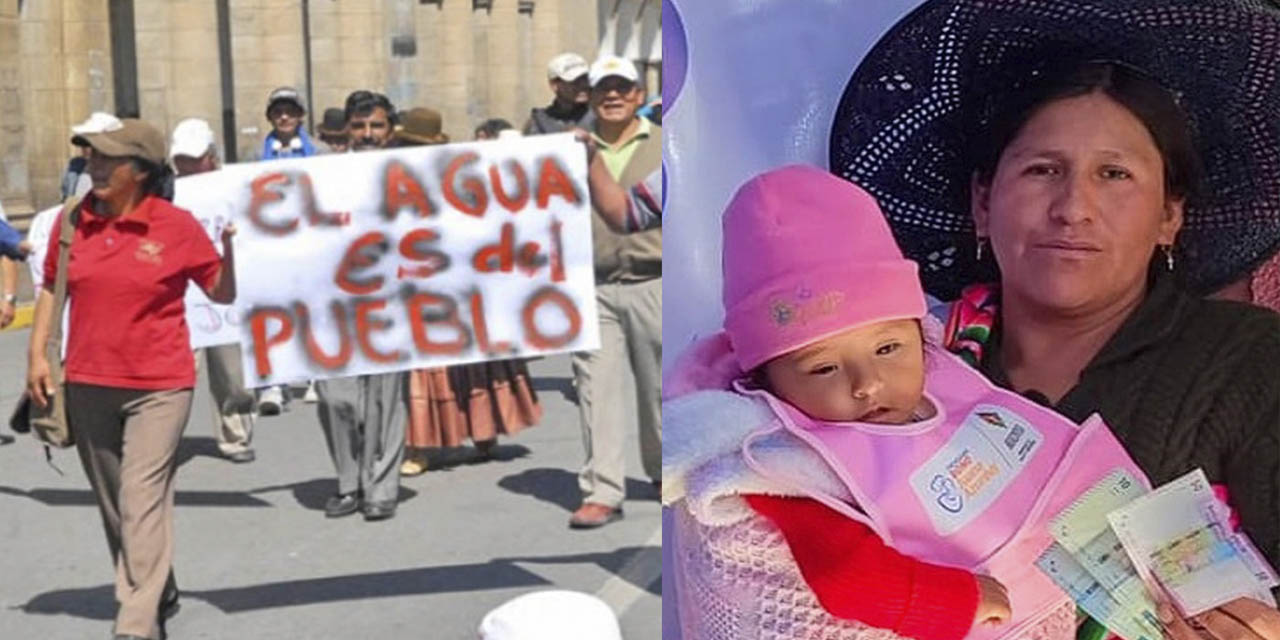 La Guerra del Agua fue un conflicto de gran magnitud desencadenado por el intento de privatizar este recurso vital. A la derecha, una beneficiaria del Bono Juana Azurduy. 