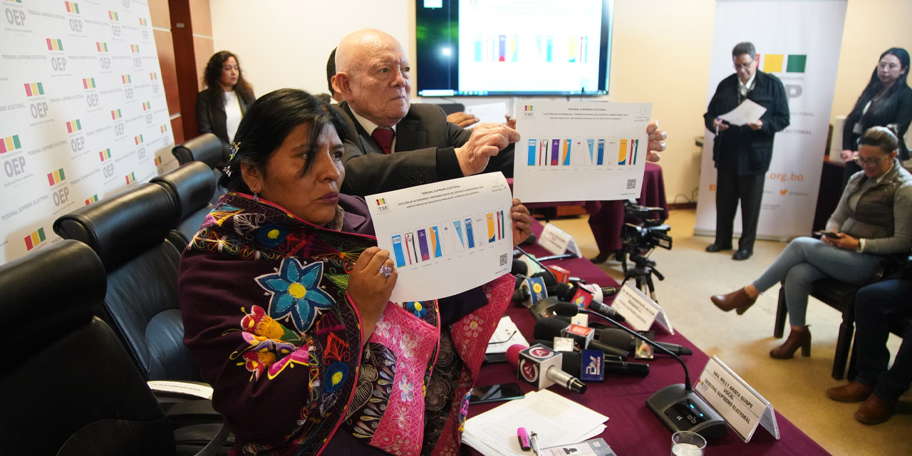 El presidente en ejercicio del TSE, Óscar Hassenteufel, muestra la papeleta de sufragio luego del sorteo de franjas. Foto: Jorge Mamani