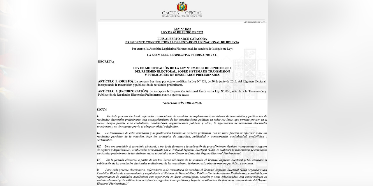 La Ley 1632 de modificación de la Ley N° 026 de 30 de junio de 2010 del Régimen Electoral, Sobre Sistema de Transmisión y Publicación de Resultados Preliminares.