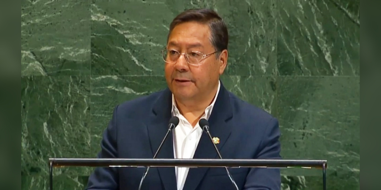 Presidente del Estado, Luis Arce, en la asamblea de la ONU, en Nueva York. Imagen: Captura.
