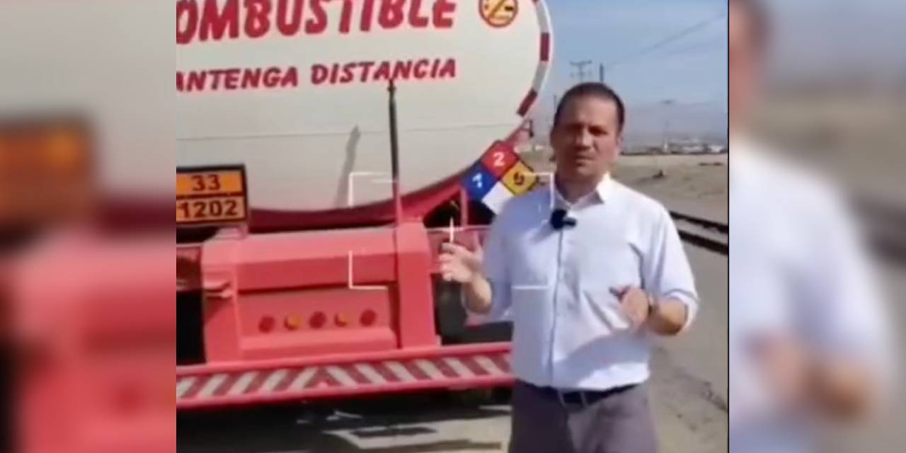 Captura del video grabado por el diputado chileno, con una cisterna boliviana de fondo.
