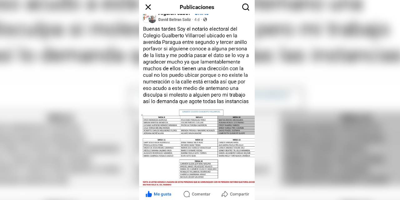 Una de las publicaciones en Facebook, convocando a jurados electorales.
