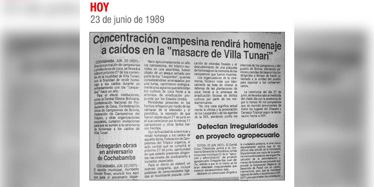 Información sobre la masacre de Villa Tunari de 1988