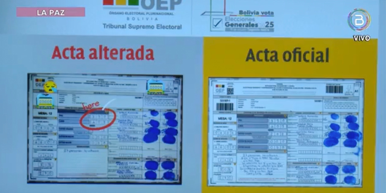 El acta adulterada (izq.) junto a la original.  TSE denuncia que fraguaron actas para instalar la narrativa del fraude