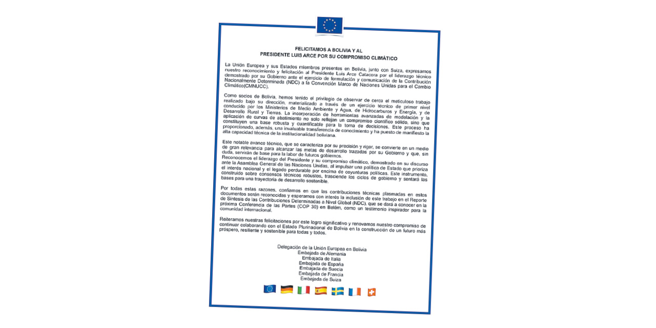UE felicita a Bolivia y al presidente Arce por su compromiso climático