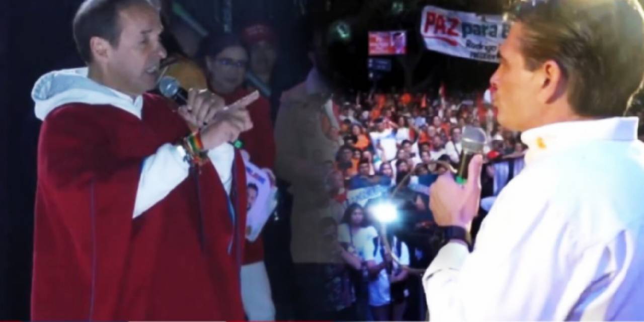 Los candidatos a la presidencia Jorge Quiroga (arriba) y Rodrigo Paz (abajo) en sus cierres de campaña en La Paz y Tarija, respectivamente.