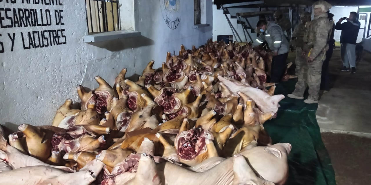 Efectivos militares comisaron carne de cerdo en la frontera con Perú.