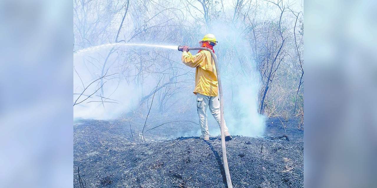 Un bombero enfriando una zona de quema.