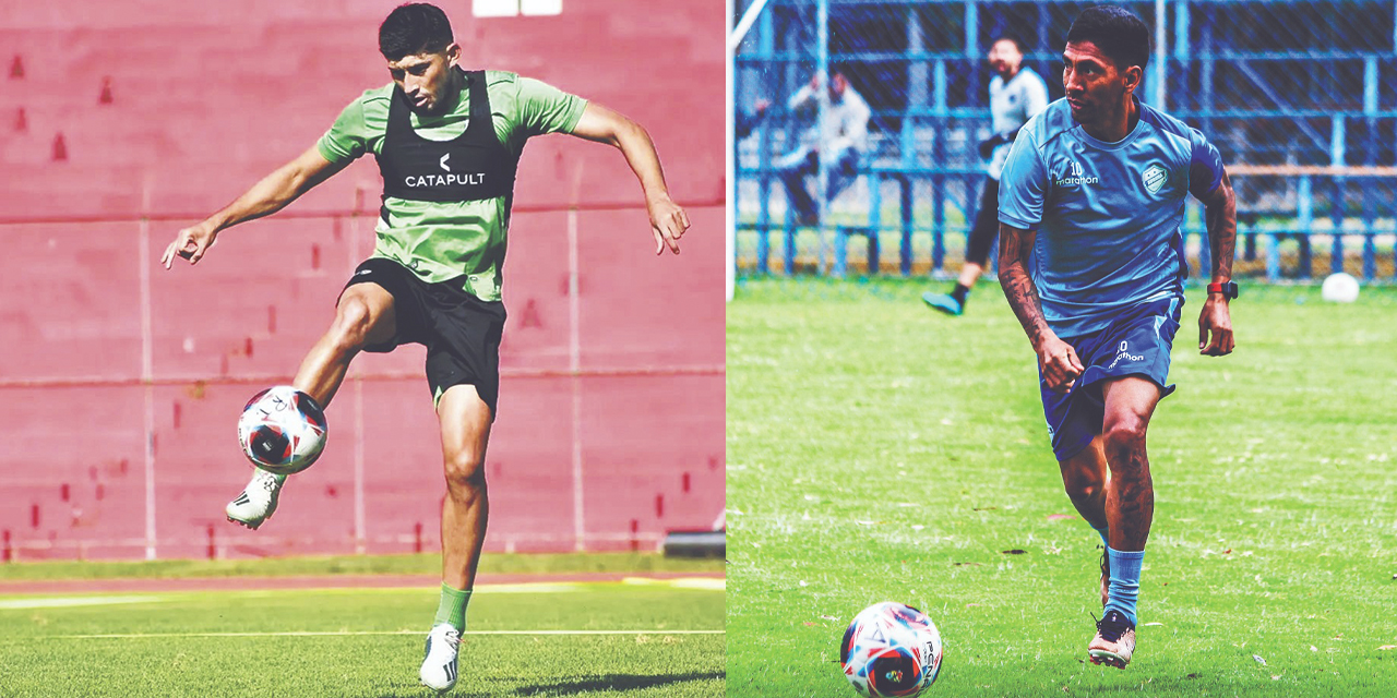 Pedro Azogue, volante de marca de Real Tomayapo (Izq.) y Jair Torrico, mediocampista ofensivo del plantel de Aurora. (Der.)