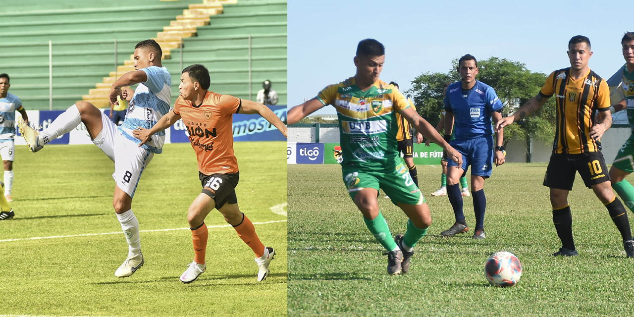 Ángel Flores (de amarillo) arbitró el cotejo Vaca Díez con Royal Pari (Izq.) y Hostin Prado (de azul) dirigió el duelo entre Libertad Gran Mamoré y el Tigre. (Der.)