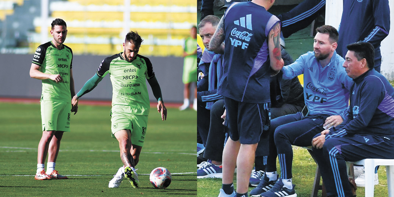 Fernando Saucedo y Luciano Ursino, de la selección boliviana y Lionel Messi, capitán de Argentina, en Achumani.