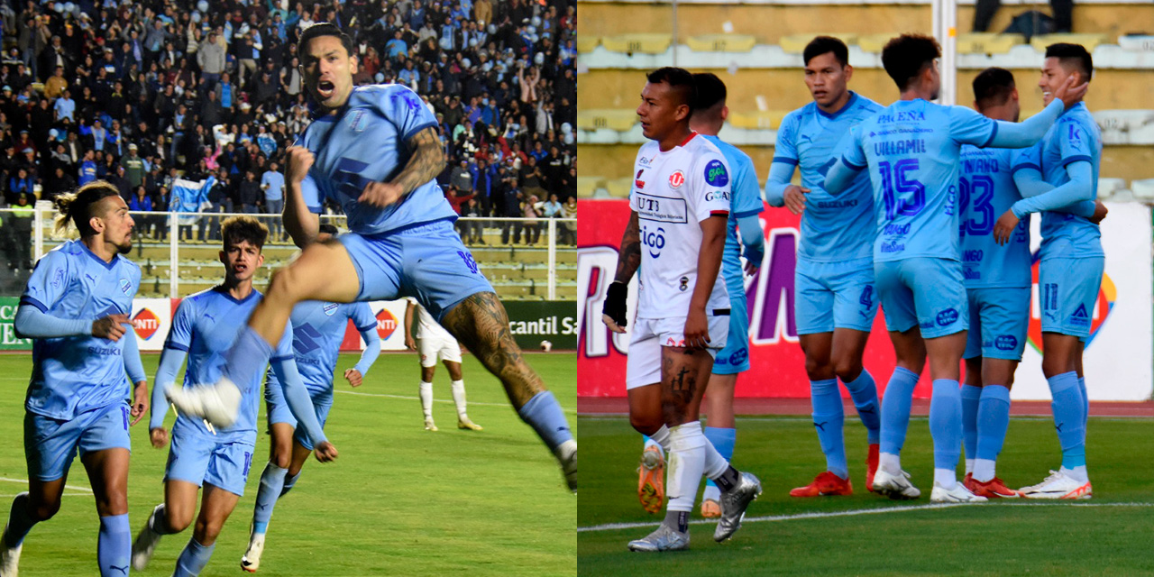 A la izquierda, el festejo del goleador Carmelo Algarañaz. A la derecha, la celebración de los jugadores de Bolívar. Fotos: Gonzalo Jallasi/APG