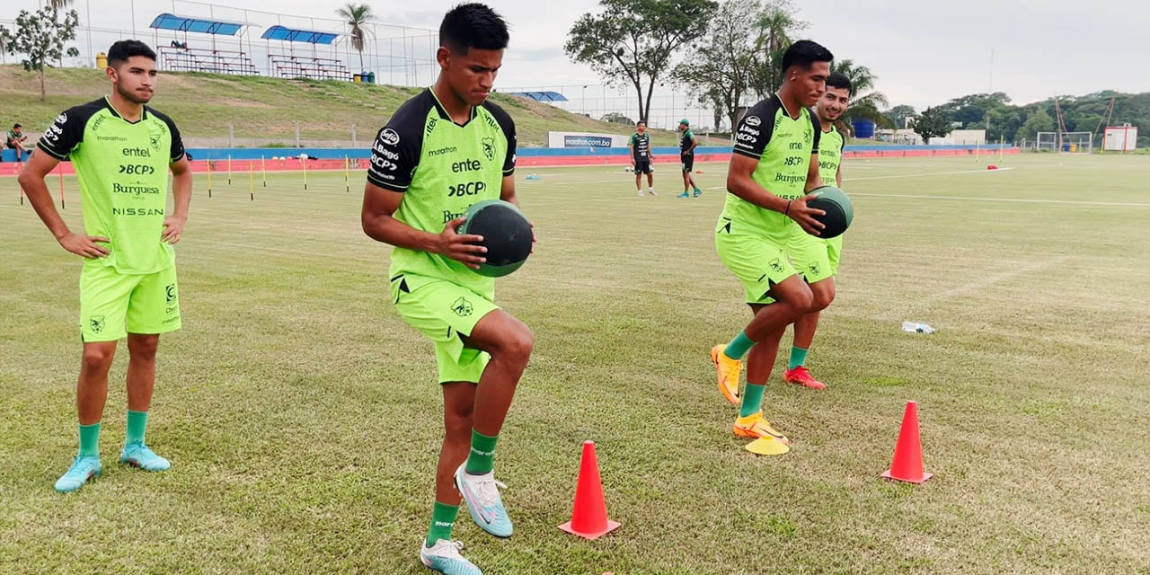 Pablo Escobar  y Marco Sandy aparecen en el fondo; mientras los jugadores hacen labor física. | Foto: FBF