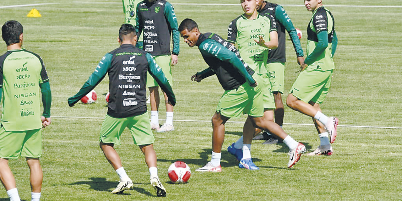 La Selección en la práctica de fútbol, ayer en Achumani.