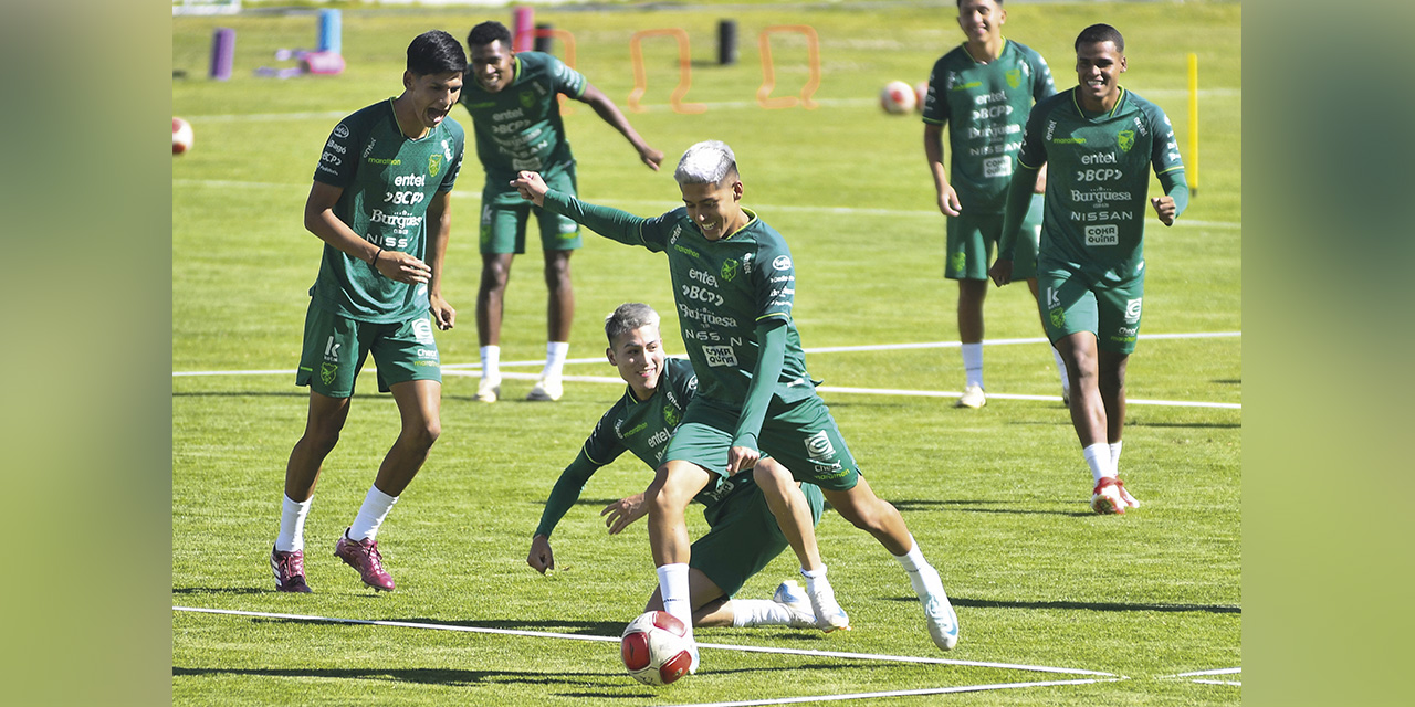 La Selección en la práctica de fútbol en espacio reducido, en Achumani. | Foto: APG