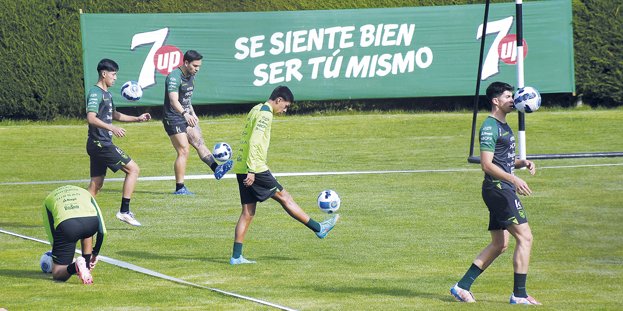 Jugadores del equipo nacionan trabajan en dominio de balón, ayer en la cancha del club Mariscal Braun. | Foto: APG