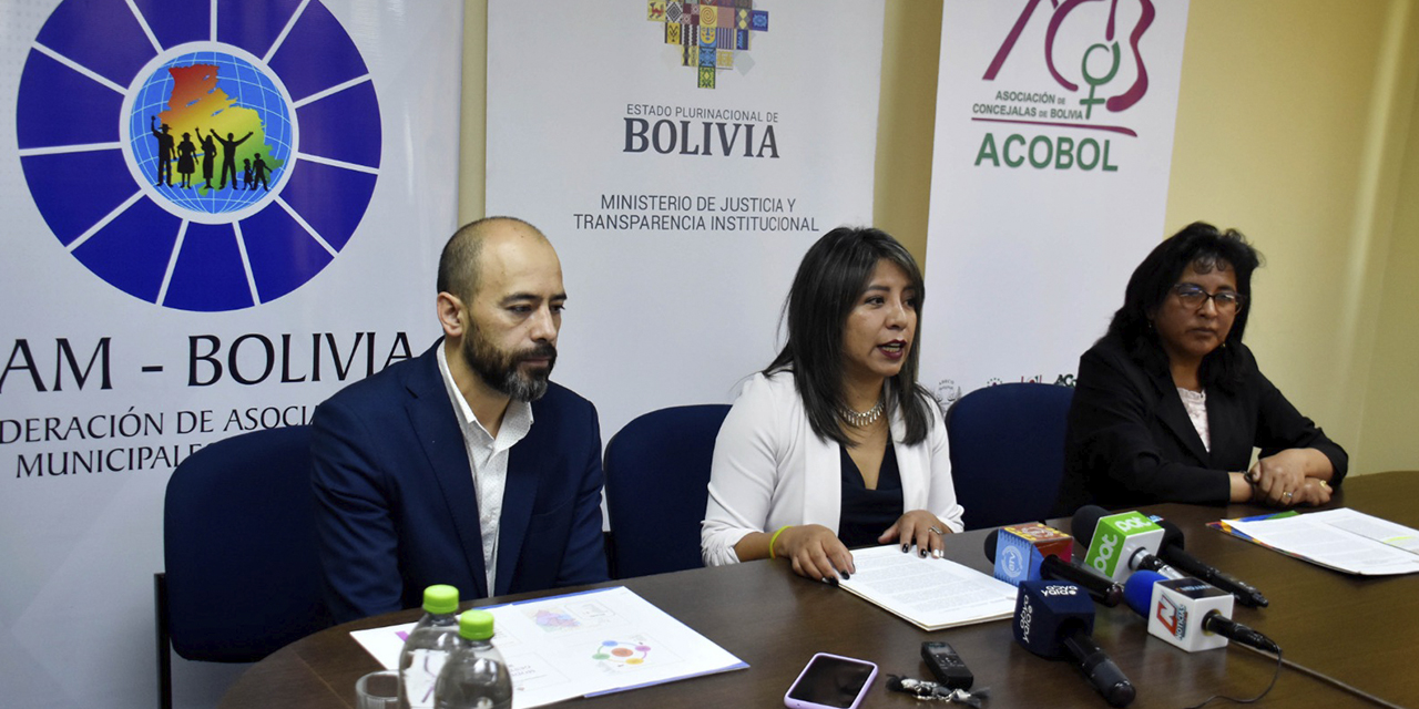 La viceministra Cruz, en conferencia de prensa con la Acobol y la FAM Bolivia. (Foto: Gonzalo Jallasi)