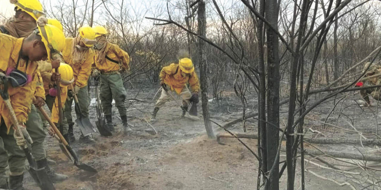 Bomberos forestales ejecutan tareas de enfriamiento en el oriente boliviano. | // FOTO:  Ministerio de defensa