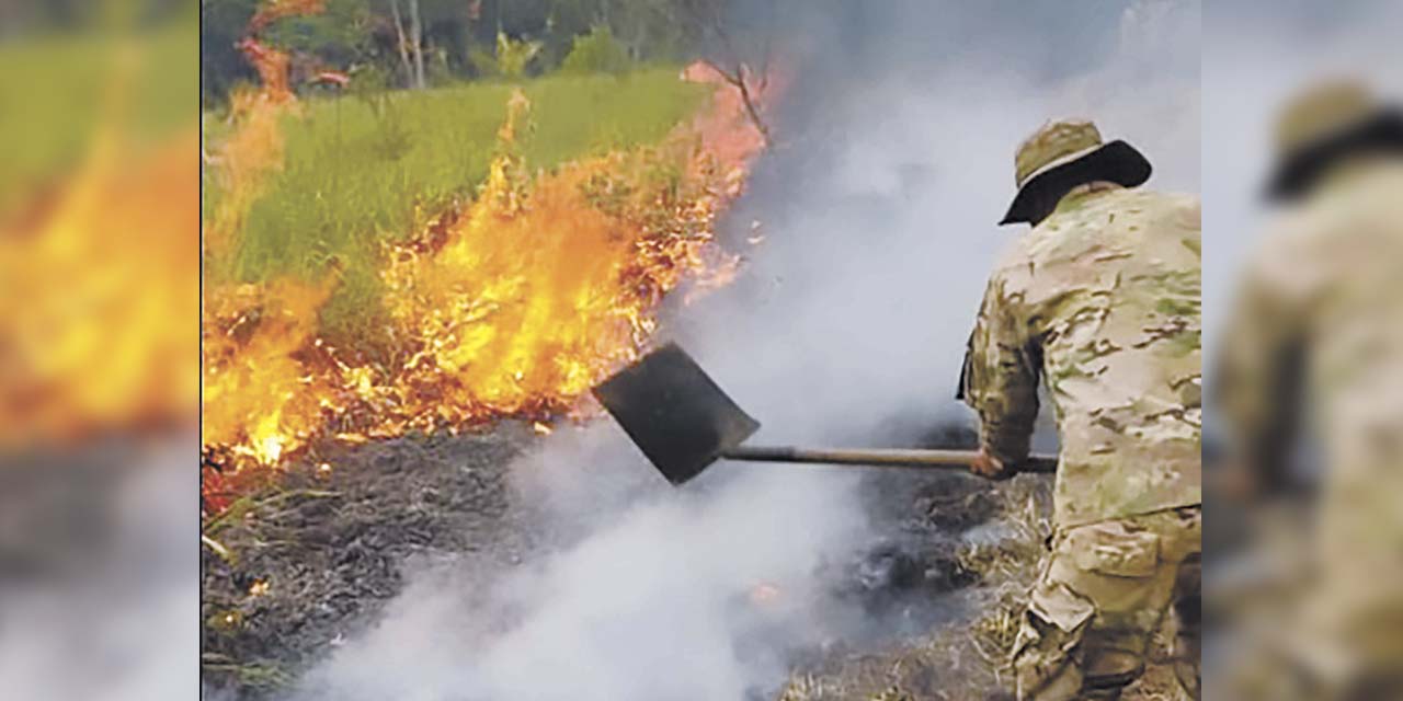 Bomberos forestales luchan contra las llamas en el municipio de Rurrenabaque. // FOTO:  Ministerio de Defensa