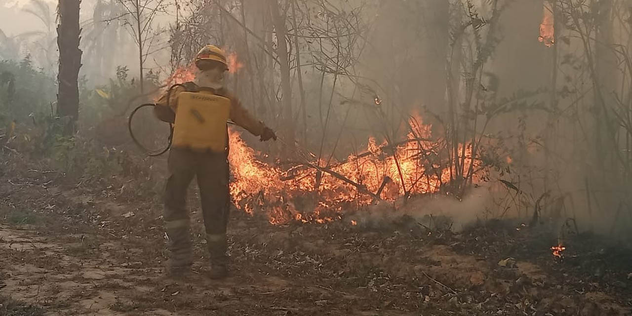 Un bombero forestal en plena tarea de aplacar el fuego en San Buenaventura. | Foto: Municipalidad de San Buenaventura