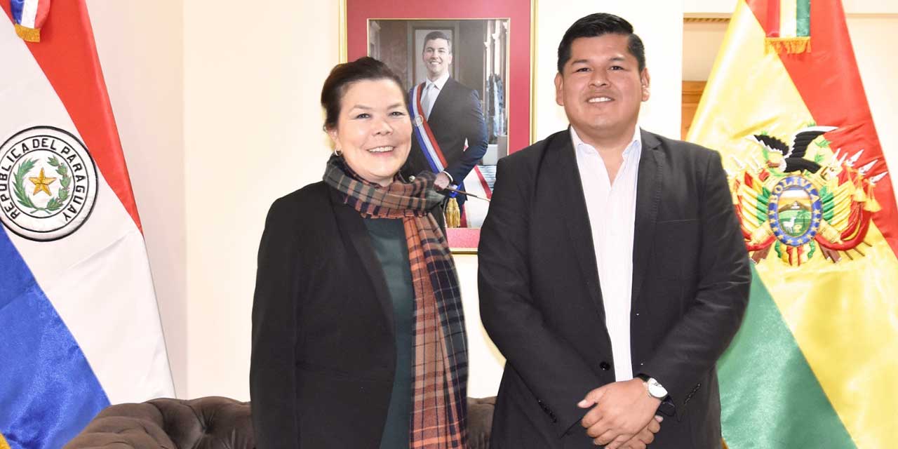 El viceministro Jaime Mamani con la embajadora paraguaya Terumi Matsuo de Claverol. FOTO:  ministerio de gobierno