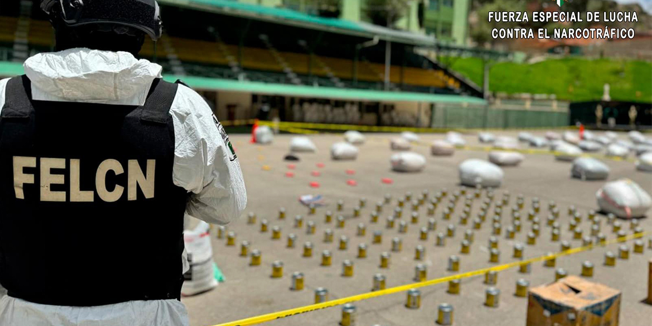 Droga y bultos con hojas de coca ilegales en su interior custodiados por un efectivo de la FELCN. Foto: FELCN