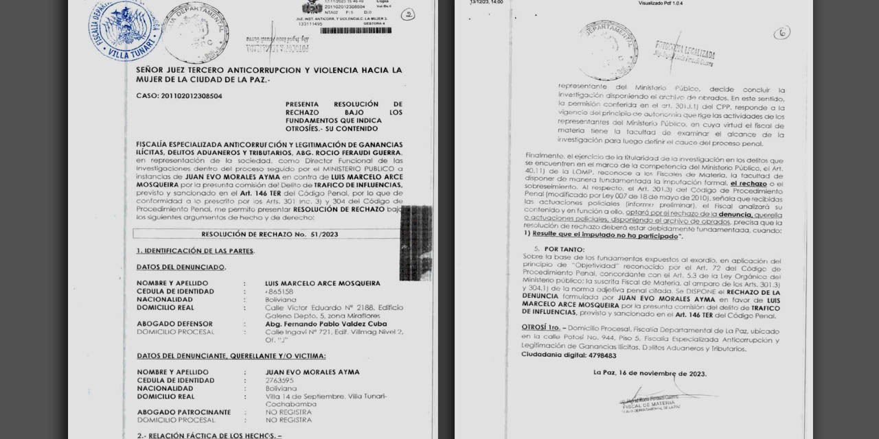 La resolución de rechazo emitida por la Fiscalía sobre la denuncia contra el hijo del presidente Luis Arce.