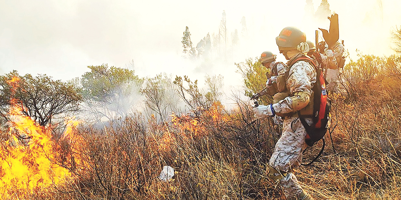 Bomberos forestales del Ejército en el área del incendio en Roboré. Foto: Defensa Civil