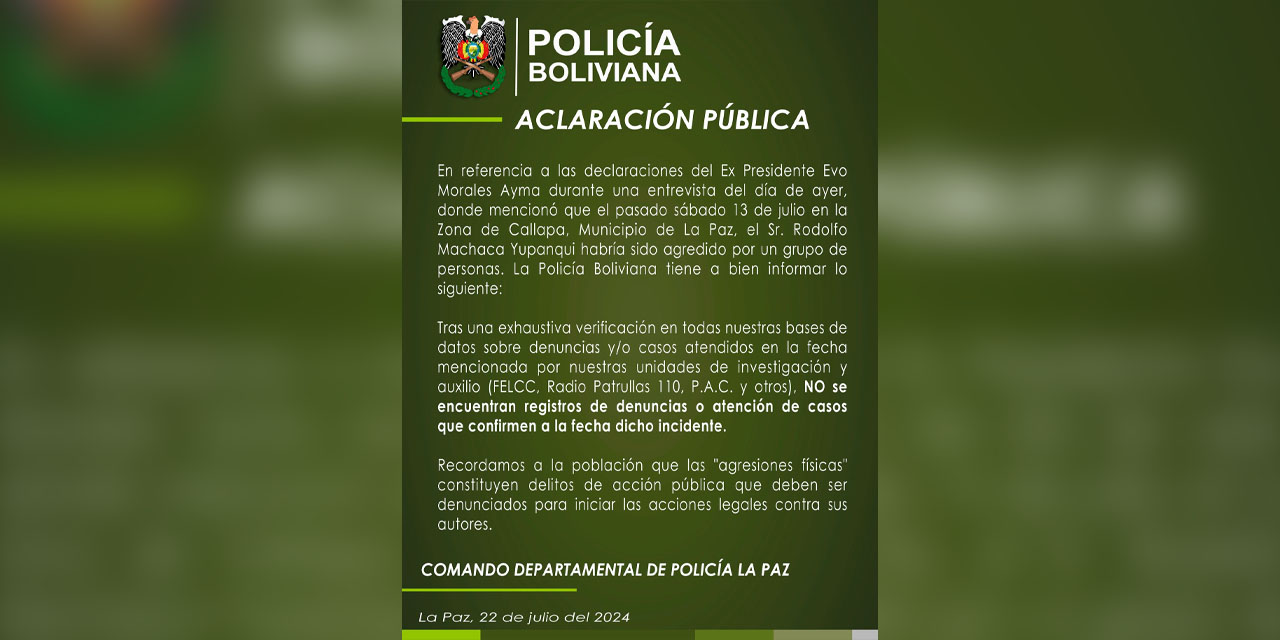 El comunicado de la Policía Boliviana.