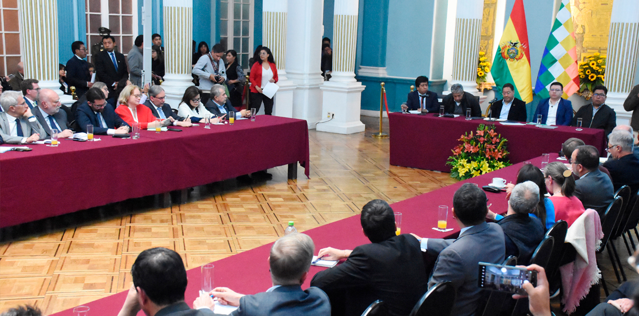 La reunión del presidente Luis Arce con los embajadores y representantes de los organismos internacionales. Foto: Comunicación Presidencial