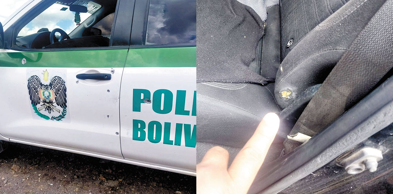 Uno de los vehículos de la Policía Boliviana presenta orificios de disparo de arma de fuego. Foto: RRSS