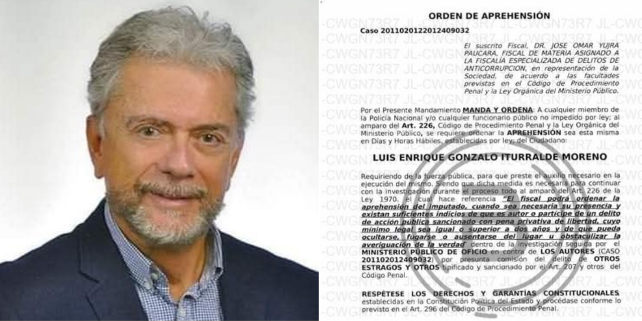 El empresario Luis Enrique Gonzalo Iturralde y la orden de aprehensión emitida por las autoridades. Foto: Bolivia Tv