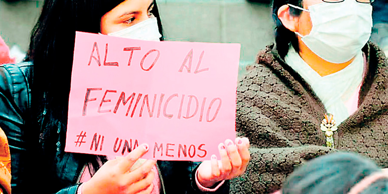 Una joven porta un cartel con la inscripción “Alto al feminicidio #Ni una menos”, durante una protesta en la ciudad de La Paz. Foto: Archivo