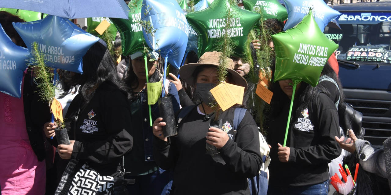 Una marcha de jovenes poer el medio ambiente en La Paz.