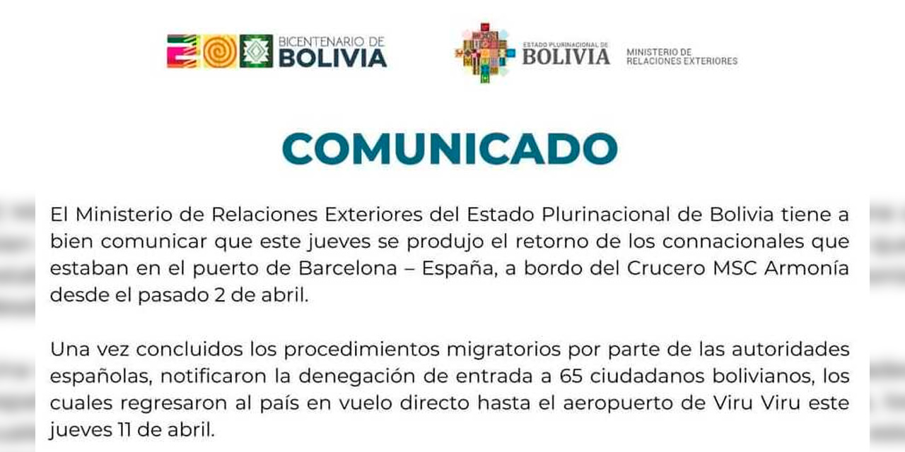 Parte del comunicado emitido por la Cancillería de Bolivia.