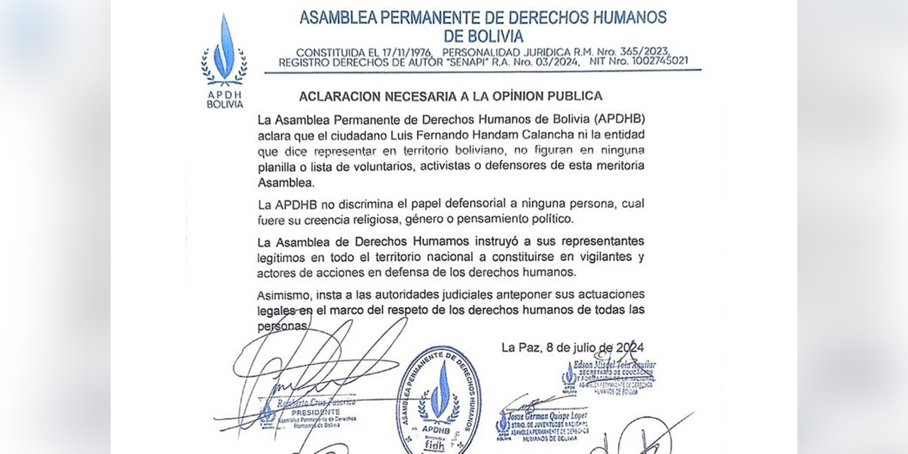 El comunicado emitido por la Asamblea Permanente de Derechos Humanos de Bolivia (Apdhb).