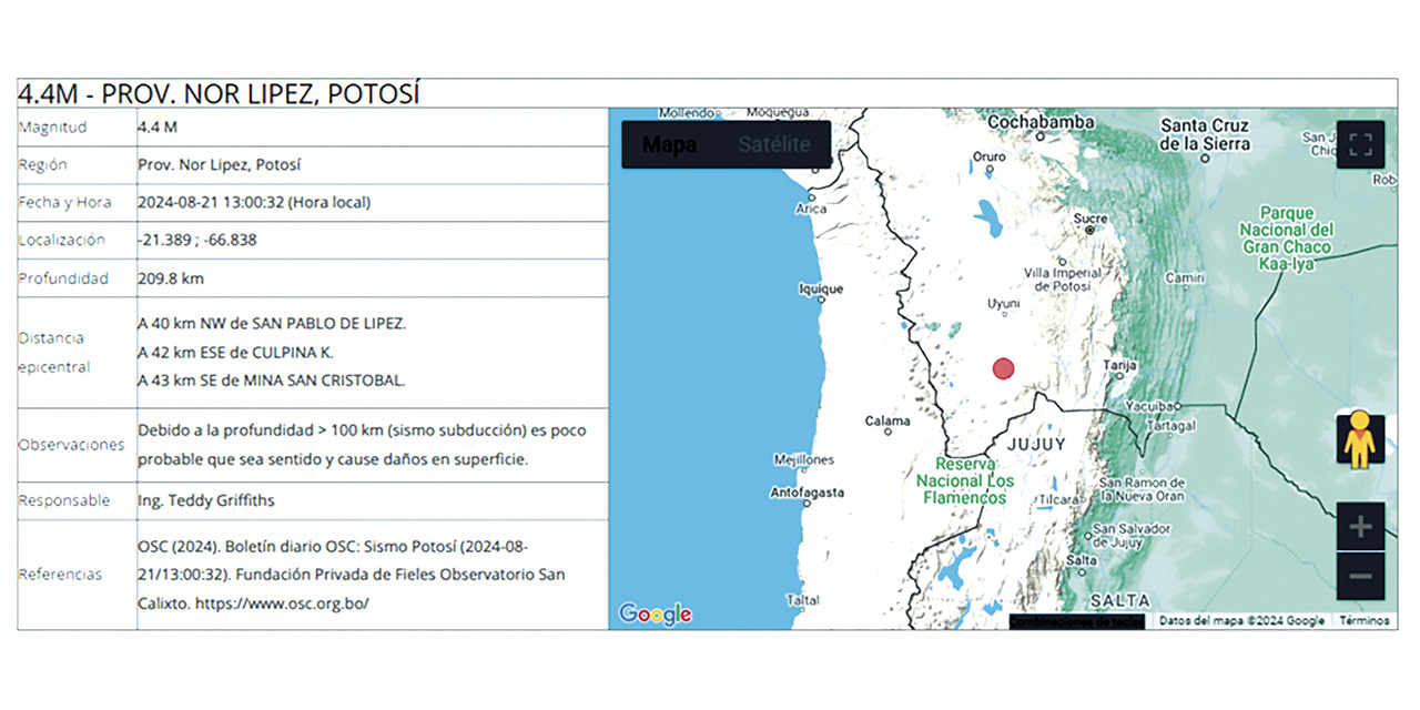 Mapa satelital del sismo ocurrido en el departamento de Potosí. | Foto: ABI