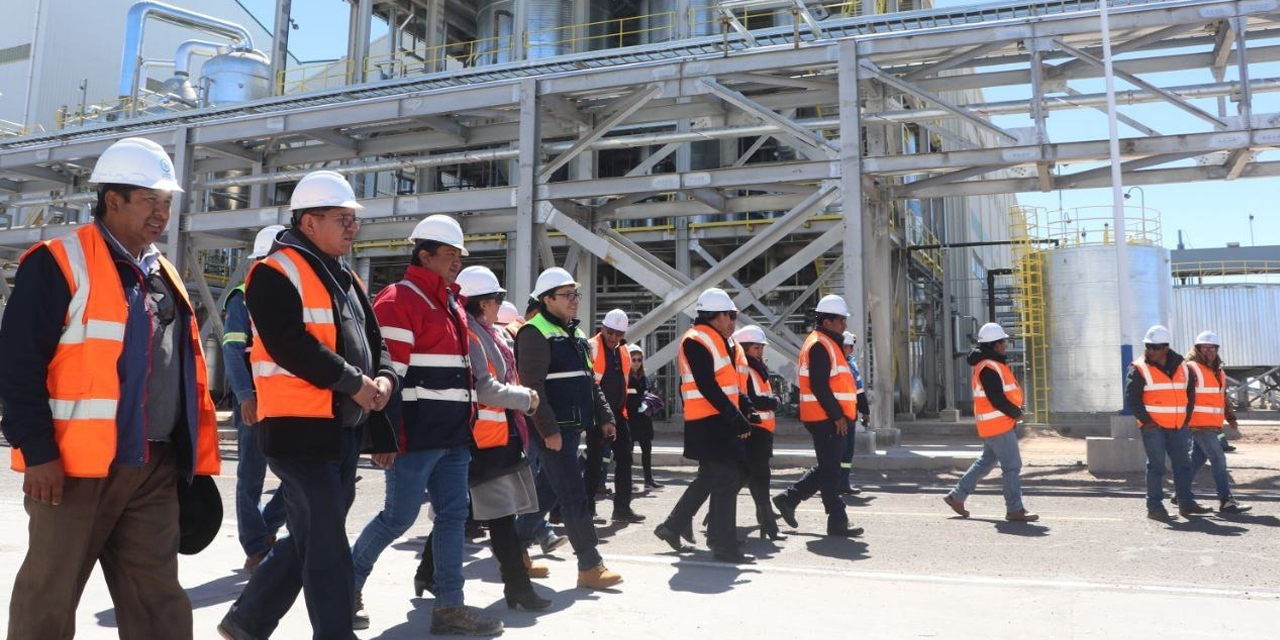 Los ministros y el Alto Mando Militar verifican los avances de la planta industrial de carbonato de litio en la localidad de Llipi, Potosí. | Foto: MHE