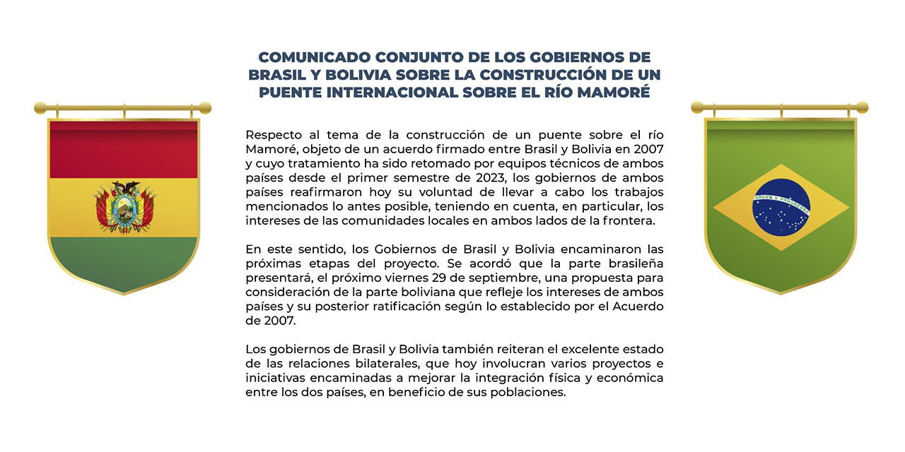 Comunicado de la reunión entre Bolivia y Brasil sobre la construcción del puente binacional.