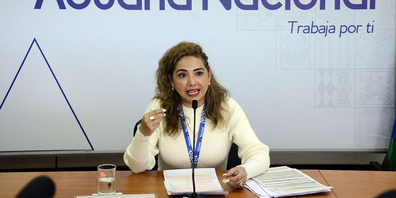 La presidenta Ejecutiva de la Aduana Nacional, Karina Serrudo, en conferencia de prensa. | Foto: ABI