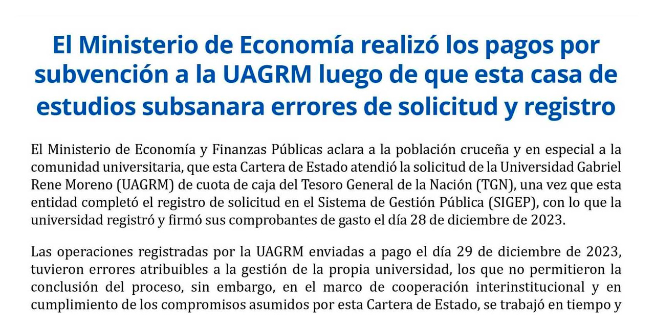 Parte del comunicado emitido por el Ministerio de Economía.