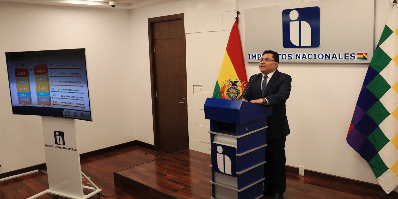 El presidente del Servicio de Impuestos Nacionales (SIN), Mario Cazón, en conferencia de prensa. Imagen: Captura RRSS.