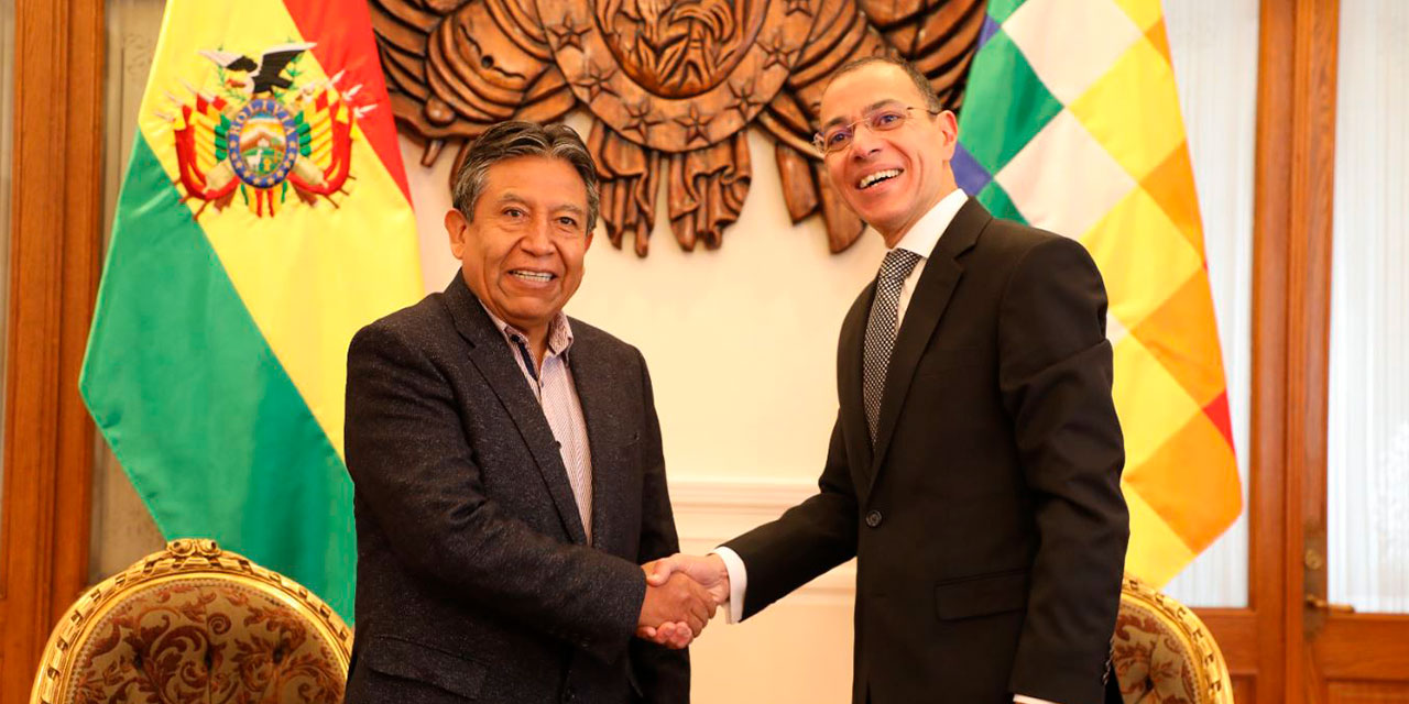 El vicepresidente David Choquehuanca  (izq.) y el embajador egipcio Hatem El-nashar durante el encuentro. Foto: Vicepresidencia