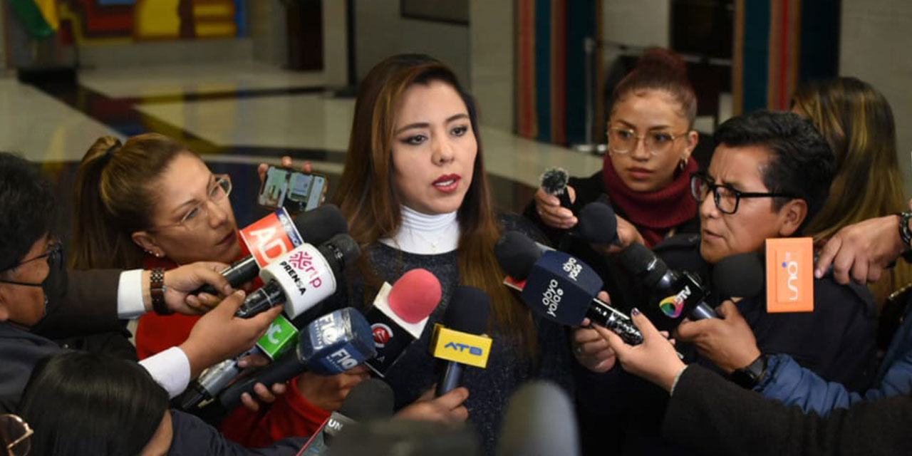 La viceministra de Comunicación, Gabriela Alcón, en una rueda de prensa. Foto: Gustavo Ticona