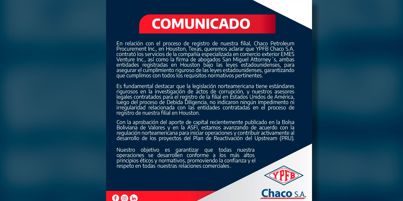 El comunicado de YPFB Chaco.