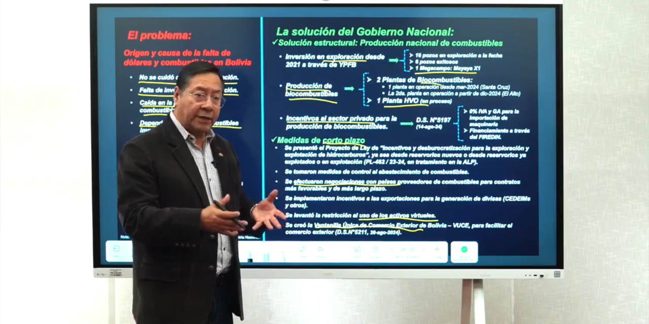 El presidente Luis Arce explica las causas de los problemas de combustibles y dólar. Captura de imagen de @LuchoXBolivia.