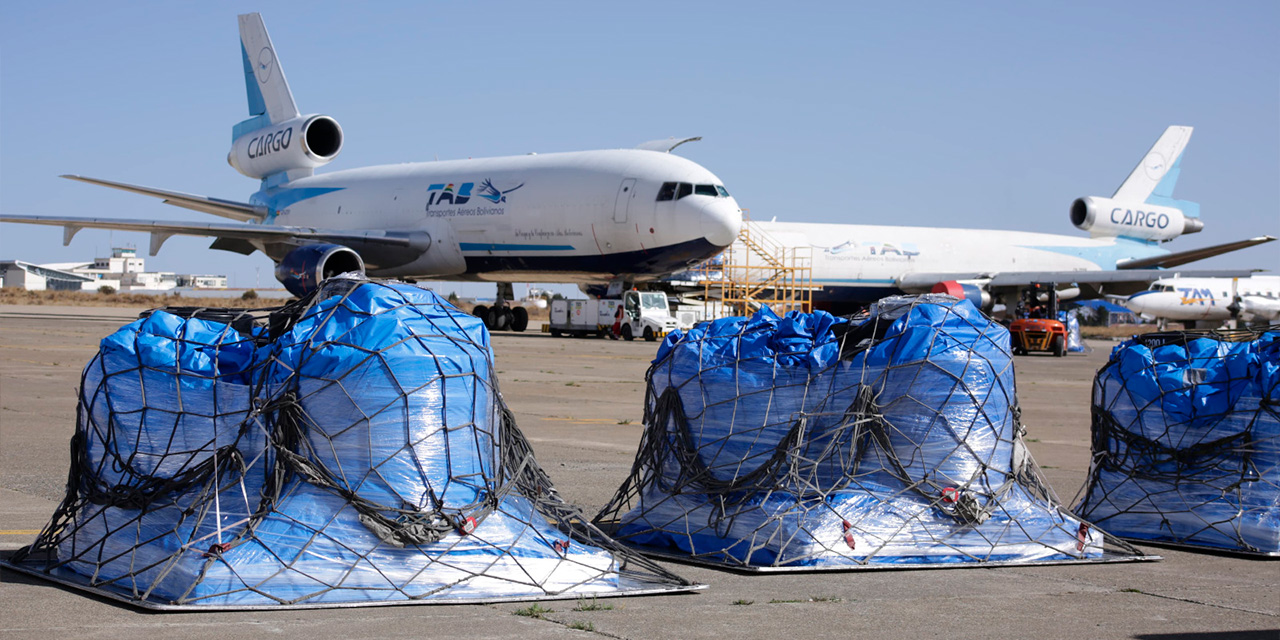 20 mil kilos de carne de pollo arribaron ayer en la tarde al aeropuerto de El Alto. Foto: Josué Cortéz