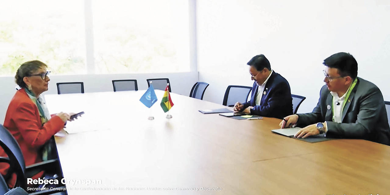 El presidente Luis Arce, el ministro Sergio Cusicanqui y Rebeca Grynspan.